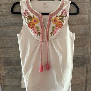 White Sleeveless Top with Pink Embroidery by Spartina